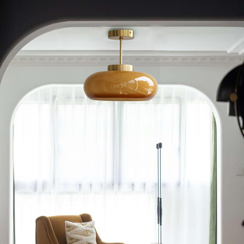 Vintage Brass Yellow Glass 1-light Semi-flush Mount Ceiling Light