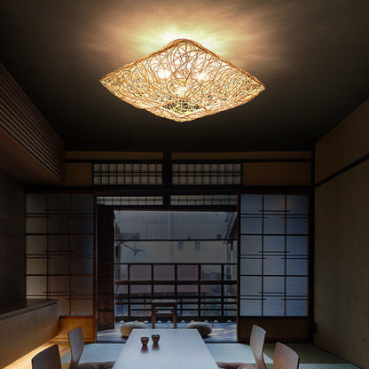 Modern Rattan Weaving Nest Square Shape 3-light Flush Mount Ceiling Light