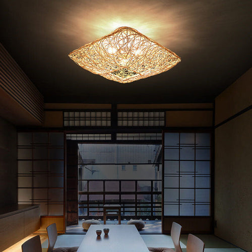 Modern Rattan Weaving Nest Square Shape 3-light Flush Mount Ceiling Light
