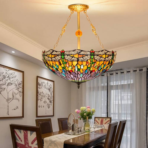 Vintage Tiffany Dragonfly Stained Glass 3-light Chandelier