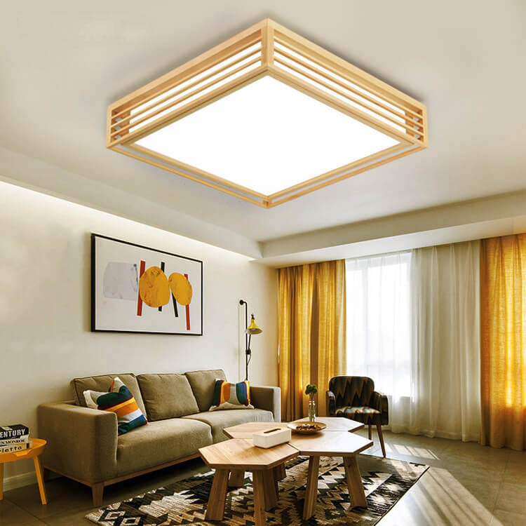 Nordic Solid Wood Square LED Japanese Tatami Flush Mount Ceiling Light BulbSquare