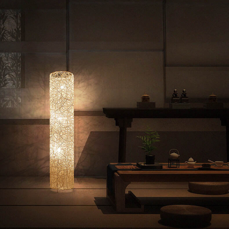 Minimalist Rattan Weaving Column Shaped 3-Light Standing Floor Lamp Lumendat