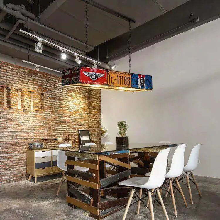 Industrial License Plate Metal Chandelier – 3 or 5 Lights for Living Room Lumendat