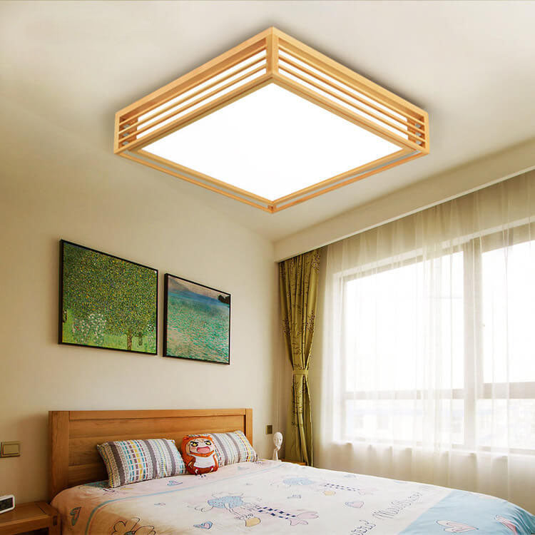 Nordic Solid Wood Square LED Japanese Tatami Flush Mount Ceiling Light BulbSquare