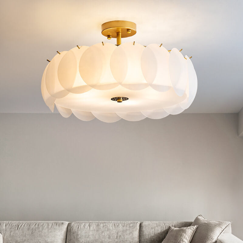 French Glass Round Drum 5/6 Light Semi-flush Mount Ceiling Light