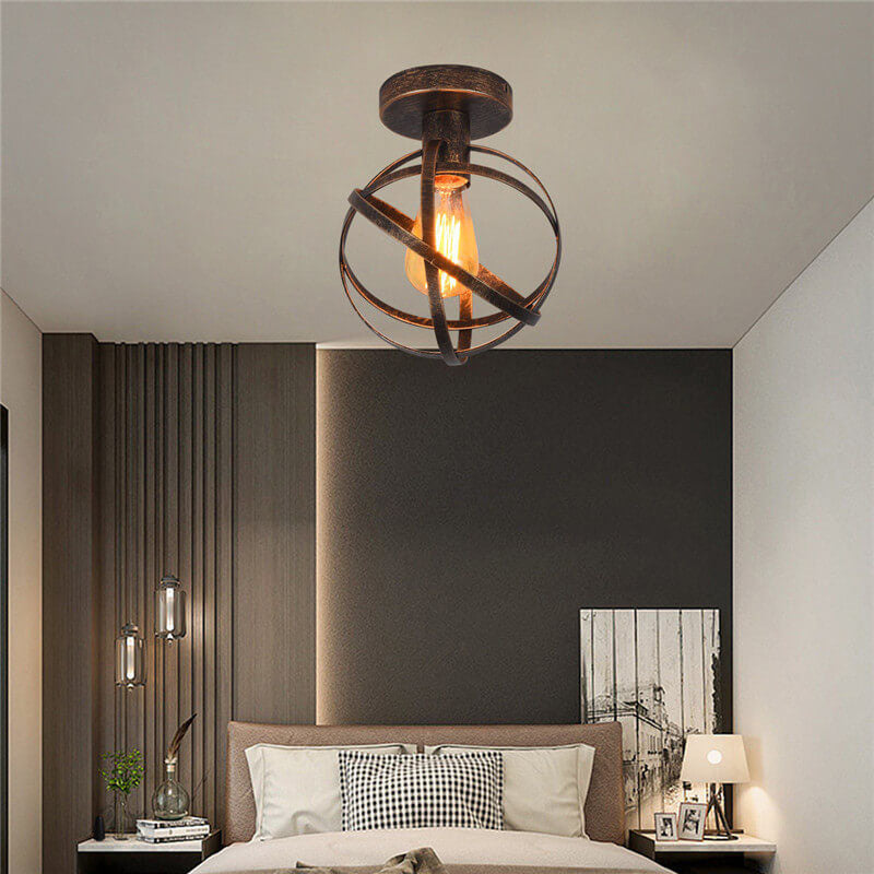 Contemporary Industrial Wrought Iron Spherical Cage 1-light Semi-flush Mount Ceiling Light for Living Room