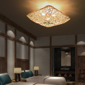 Modern Rattan Weaving Nest Square Shape 3-light Flush Mount Ceiling Light