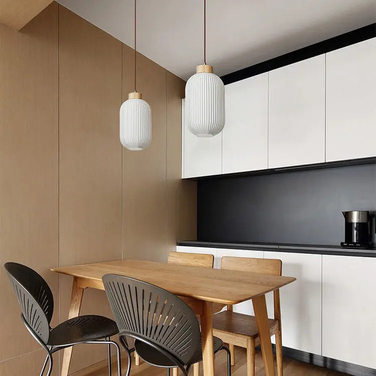 Retro White Striped Glass Jar 1-light Japanese Pendant Light Lumendat