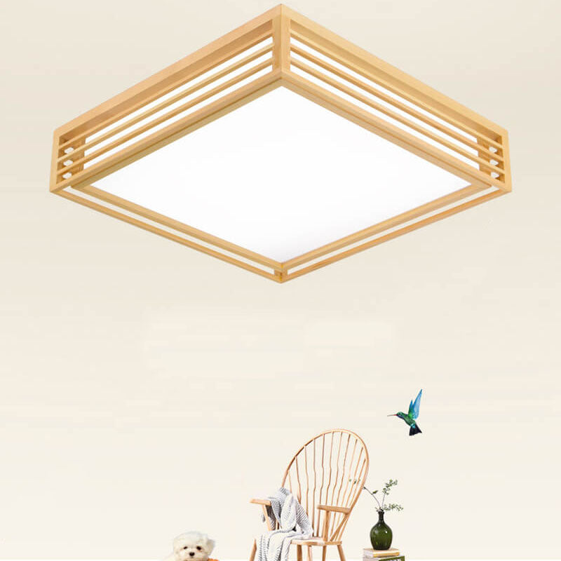 Nordic Solid Wood Square LED Japanese Tatami Flush Mount Ceiling Light BulbSquare