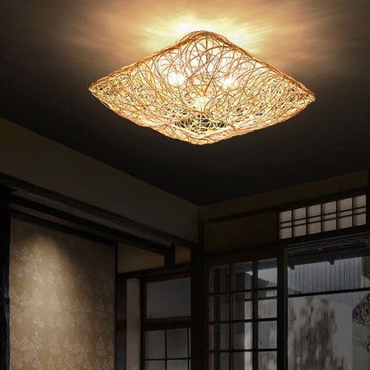 Modern Rattan Weaving Nest Square Shape 3-light Flush Mount Ceiling Light