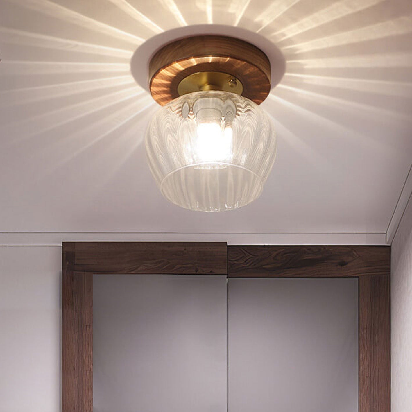 Modern Dome Glass Wooden Base 1-light Semi-flush Mount Ceiling Light