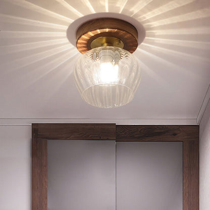Modern Dome Glass Wooden Base 1-light Semi-flush Mount Ceiling Light