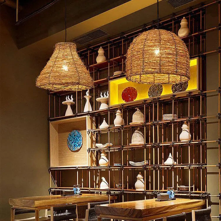 Retro Rattan Weaving Dome 1-light Pendant Light Lumendat