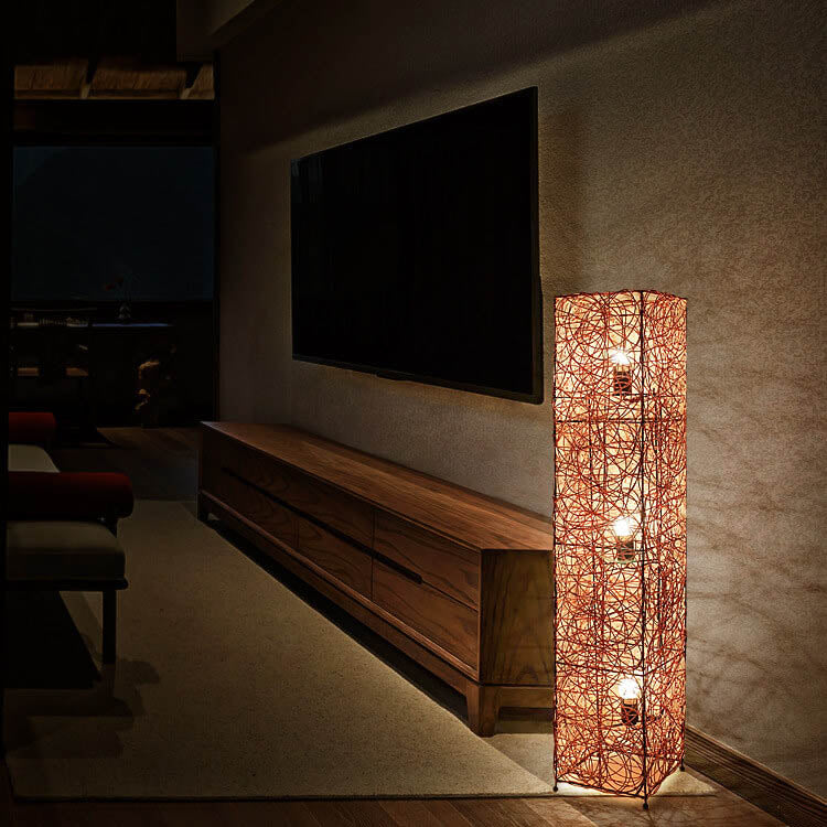Minimalist Rattan Weaving Column Shaped 3-Light Standing Floor Lamp Lumendat