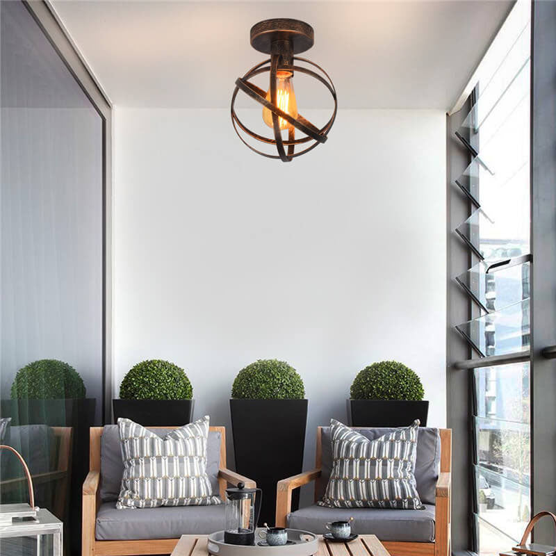 Contemporary Industrial Wrought Iron Spherical Cage 1-light Semi-flush Mount Ceiling Light for Living Room