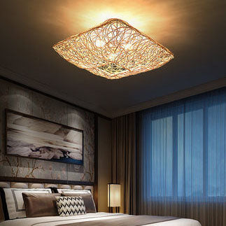 Modern Rattan Weaving Nest Square Shape 3-light Flush Mount Ceiling Light