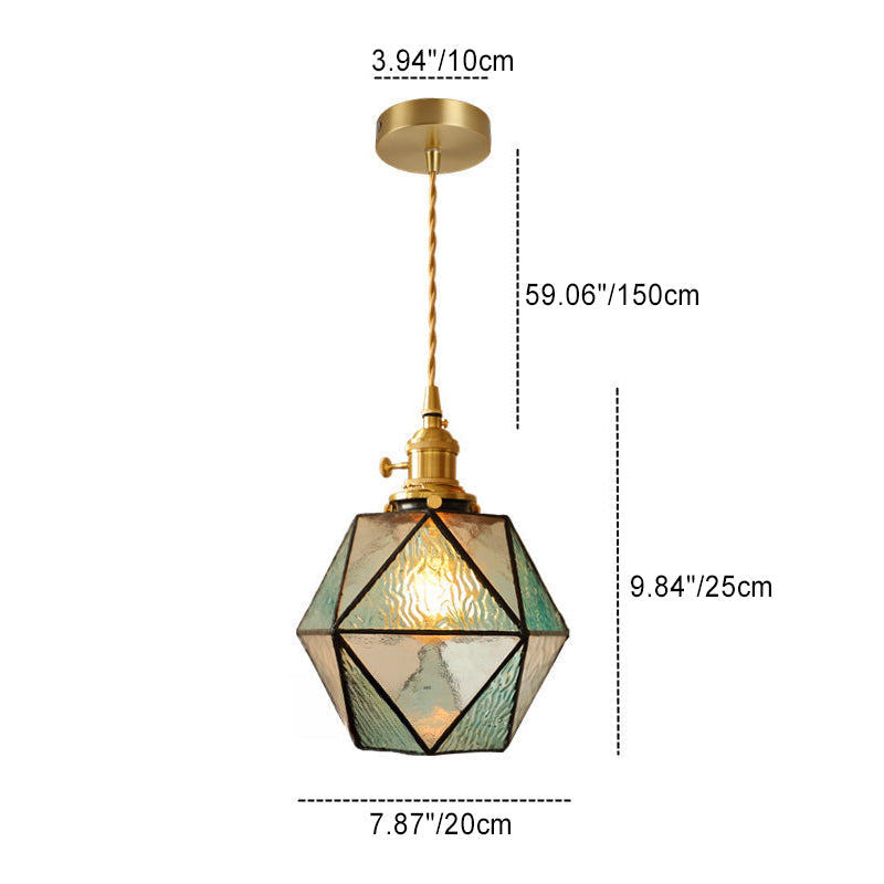Traditional Vintage Polygonal Brass Stained Glass 1-light Pendant Light for Living Room