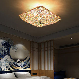 Modern Rattan Weaving Nest Square Shape 3-light Flush Mount Ceiling Light