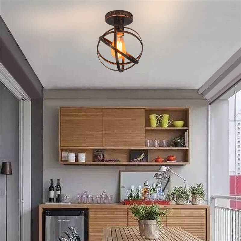 Contemporary Industrial Wrought Iron Spherical Cage 1-light Semi-flush Mount Ceiling Light for Living Room