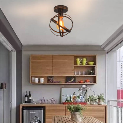 Contemporary Industrial Wrought Iron Spherical Cage 1-light Semi-flush Mount Ceiling Light for Living Room