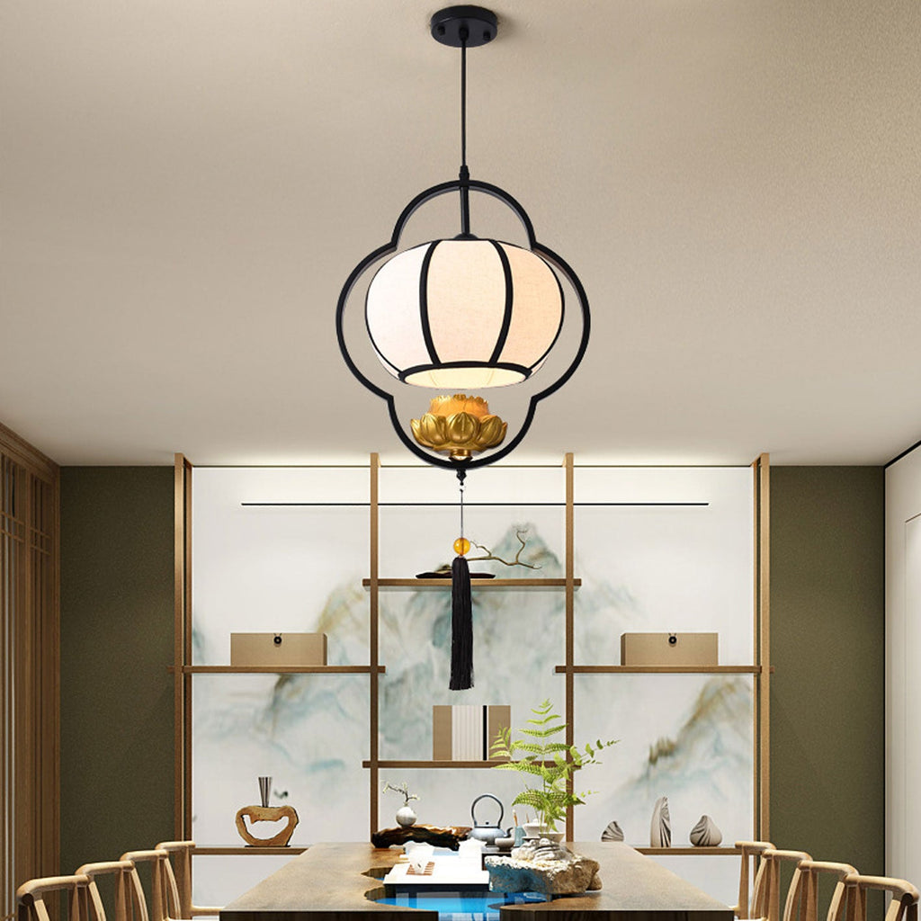 Traditional Chinese Luxury Wrought Iron Fabric 1-Light Pendant Light For Living Room Lumendat