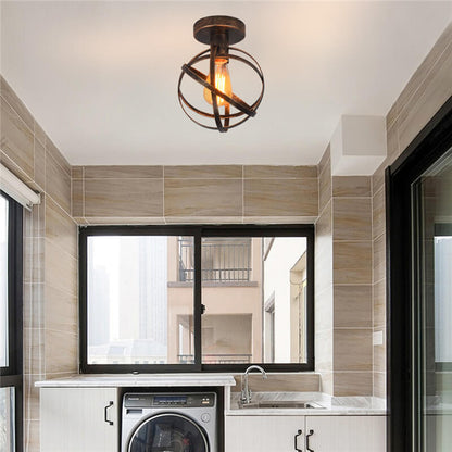 Contemporary Industrial Wrought Iron Spherical Cage 1-light Semi-flush Mount Ceiling Light for Living Room