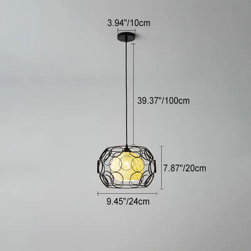 Modern Minimalist Weaving Hemp Ball Iron Drum 1-light Pendant Light for Living Room BulbSquare