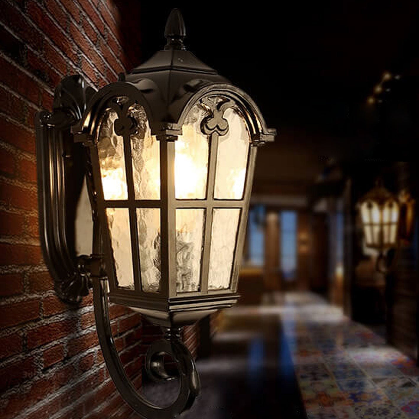 European Retro Glass Aluminum Lantern Outdoor Waterproof 1-Light Wall Sconce Lamp