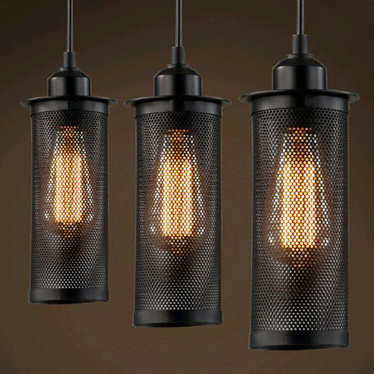 Vintage Wrought Iron Metal Mesh Cylindrical 1-light Pendant Light BulbSquare