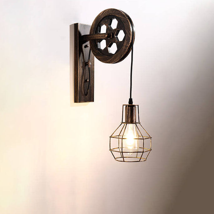 Vintage Industrial Iron Pulley Cage 1-Light Wall Sconce Lamp Lumendat