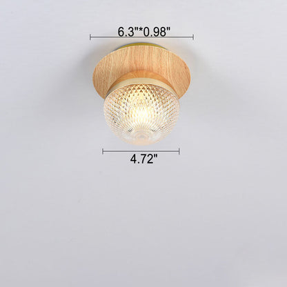 Japanese Minimalist Glass Iron Woodgrain 1-light Semi-flush Mount Ceiling Light