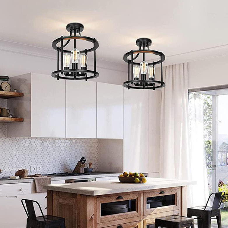 Industrial Vintage Round Drum 3-light Semi-flush Mount Ceiling Light