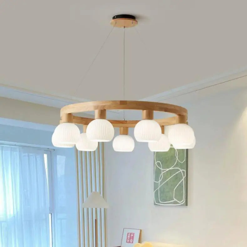 Modern Japanese Log Ring Textured Glass Globe 3/6/9 Light Chandelier Lumendat