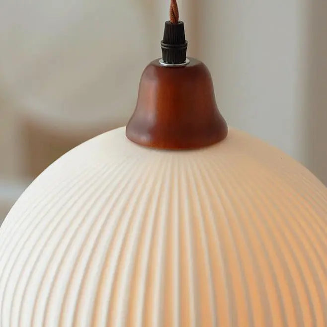 Japanese Vintage Pleated Ceramic Round Dome Wood 1-light Pendant Light Lumendat