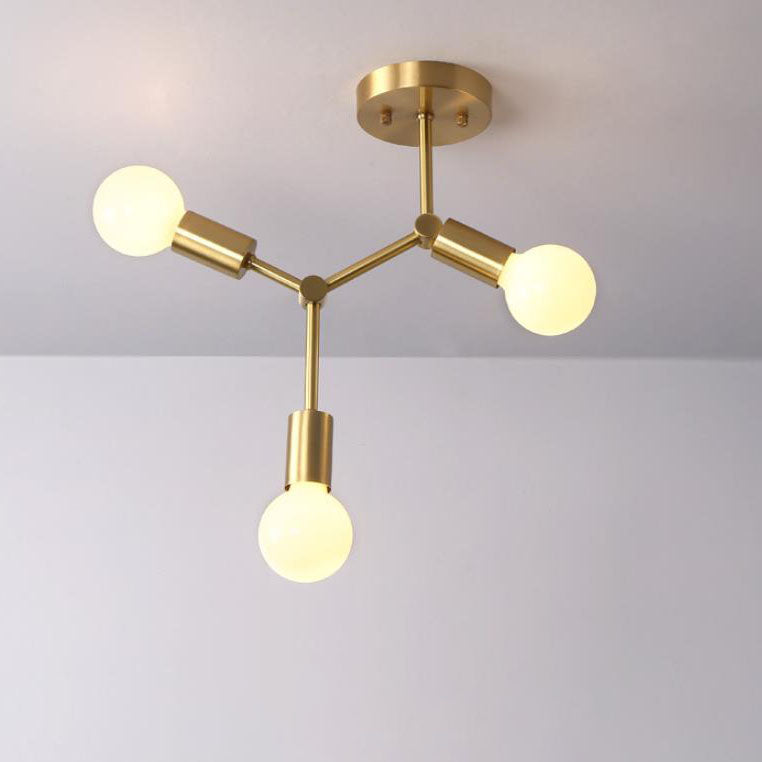 Contemporary Industrial Exposed Bulb Copper Branch 3/4 Light Semi-flush Mount Ceiling Light for Living Room