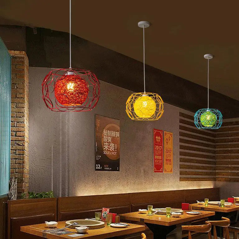 Modern Minimalist Weaving Hemp Ball Iron Drum 1-light Pendant Light for Living Room BulbSquare