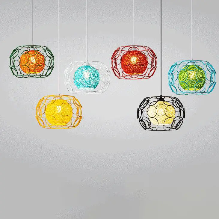 Modern Minimalist Weaving Hemp Ball Iron Drum 1-light Pendant Light for Living Room BulbSquare