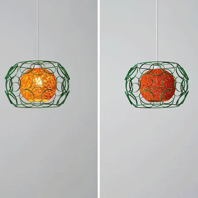 Modern Minimalist Weaving Hemp Ball Iron Drum 1-light Pendant Light for Living Room BulbSquare