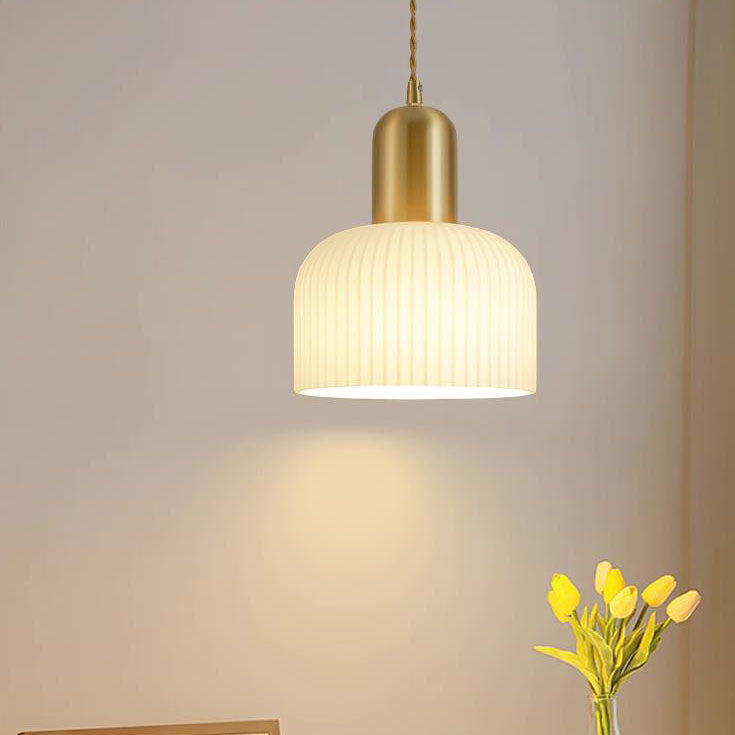 Japanese Wabi-sabi Brass Semi-circle Pleated Glass 1-light Pendant Light