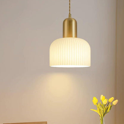 Japanese Wabi-sabi Brass Semi-circle Pleated Glass 1-light Pendant Light