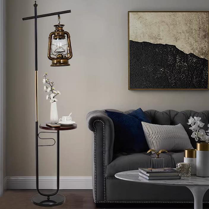 European Vintage Simple Lantern Table Iron Wood Marble 1-Light Standing Floor Lamp Lumendat