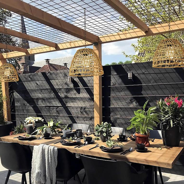 Traditional Rustic Iron Net Rattan Weaving Cage LED Solar Waterproof Pendant Light for Outdoor Patio BulbSquare