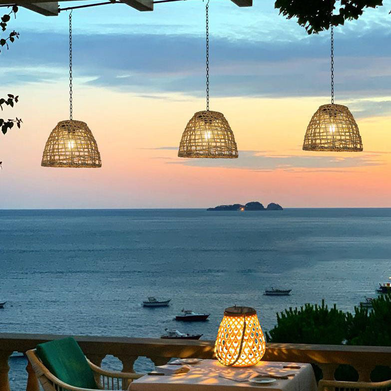 Traditional Rustic Iron Net Rattan Weaving Cage LED Solar Waterproof Pendant Light for Outdoor Patio BulbSquare