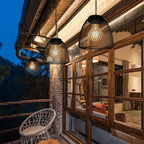 Traditional Rustic Iron Net Rattan Weaving Cage LED Solar Waterproof Pendant Light for Outdoor Patio BulbSquare