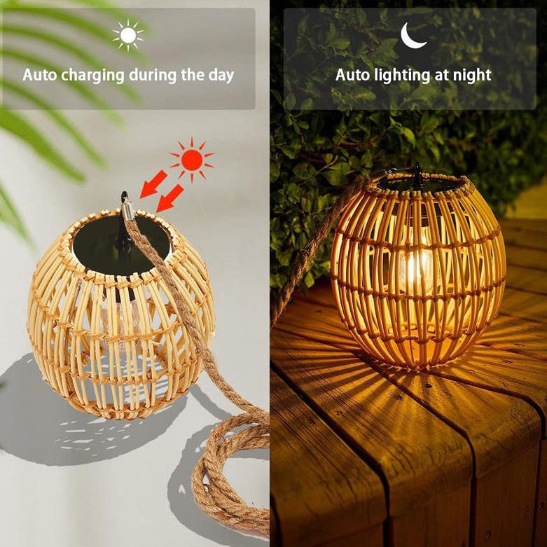 Traditional Vintage Rattan Weaving Cage LED Solar Waterproof Pendant Light for Outdoor Patio