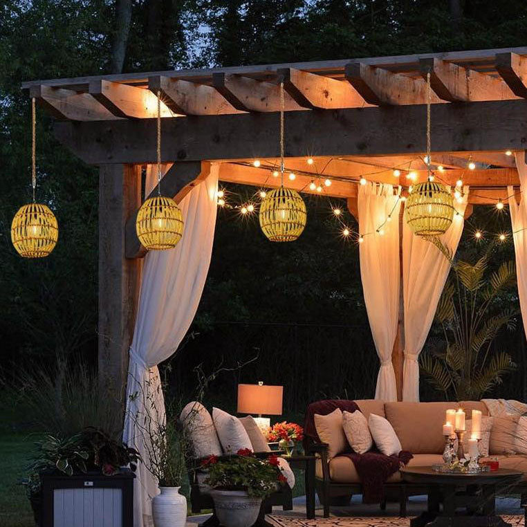 Traditional Vintage Rattan Weaving Cage LED Solar Waterproof Pendant Light for Outdoor Patio