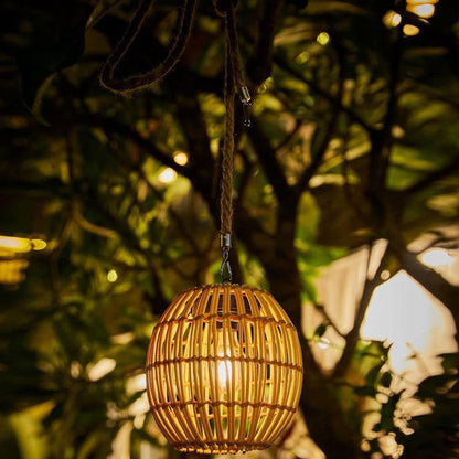 Traditional Vintage Rattan Weaving Cage LED Solar Waterproof Pendant Light for Outdoor Patio