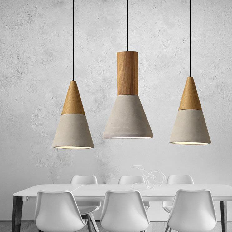 Contemporary Industrial Round Cone Triangle Cement Rubber Wood 1-light Pendant Light for Living Room BulbSquare