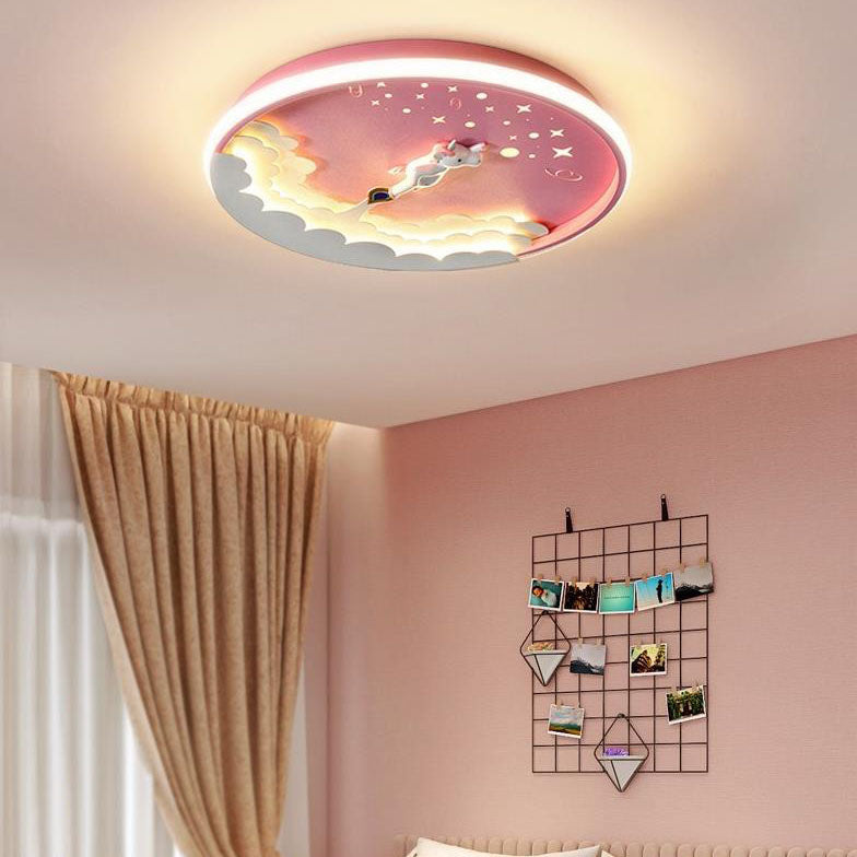 Lumendat Contemporary Creative Cartoon Rocket Unicorn Acrylic Round Shade LED Kids Flush Mount Ceiling Light For Bedroom Lumendat