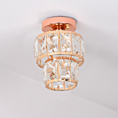 Contemporary Luxury Stainless Steel Frame Double Crystal Rings 1-Light Semi-Flush Mount Ceiling Light For Living Room